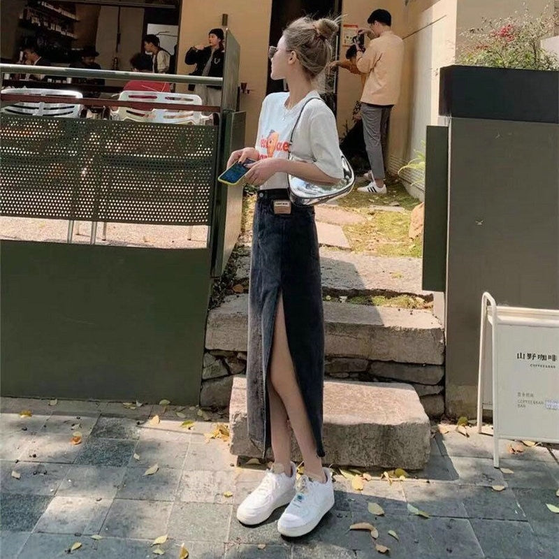 Hem Single Slits Zipper A-Line Denim Skirt