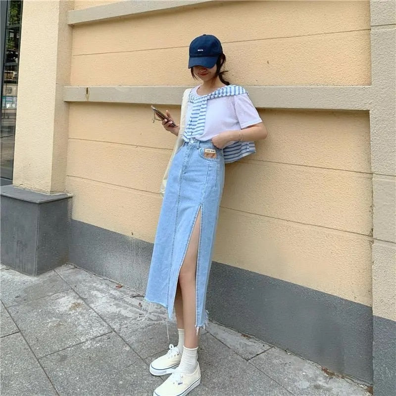 Hem Single Slits Zipper A-Line Denim Skirt