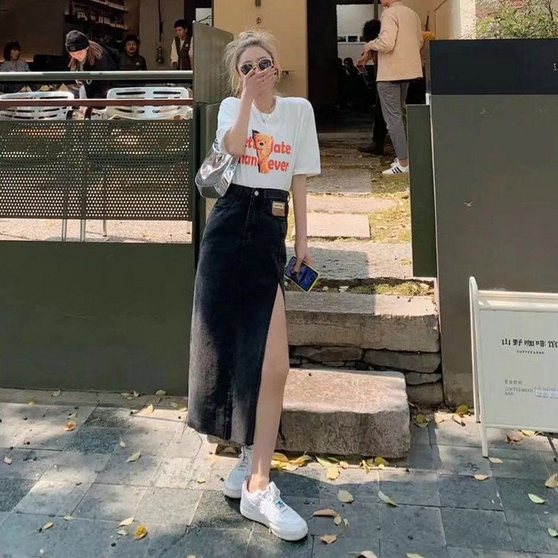 Hem Single Slits Zipper A-Line Denim Skirt