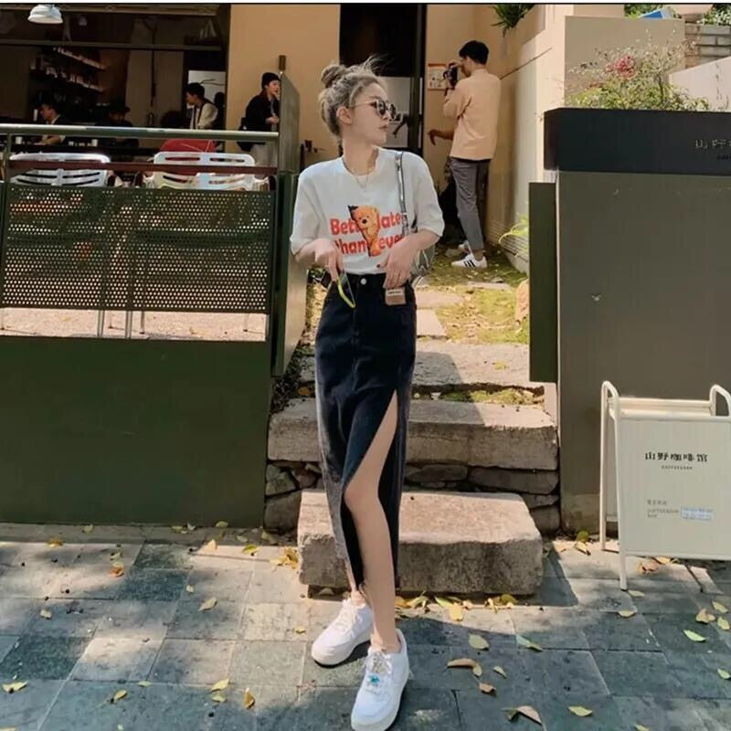 Hem Single Slits Zipper A-Line Denim Skirt