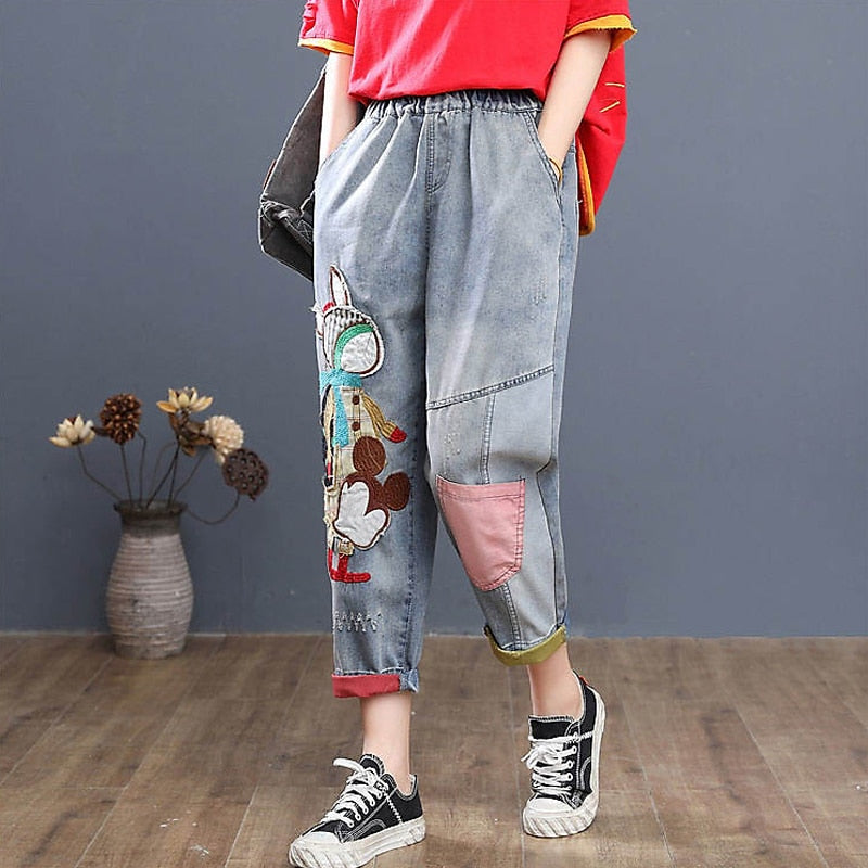 Cartoon Embroidery Loose Harem Pants