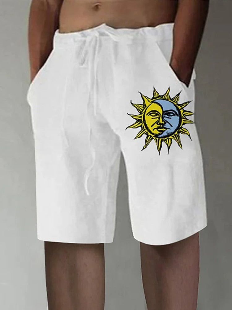 Vintage Pattern Print Cotton Linen Shorts