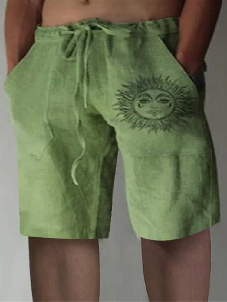 Vintage Pattern Print Cotton Linen Shorts