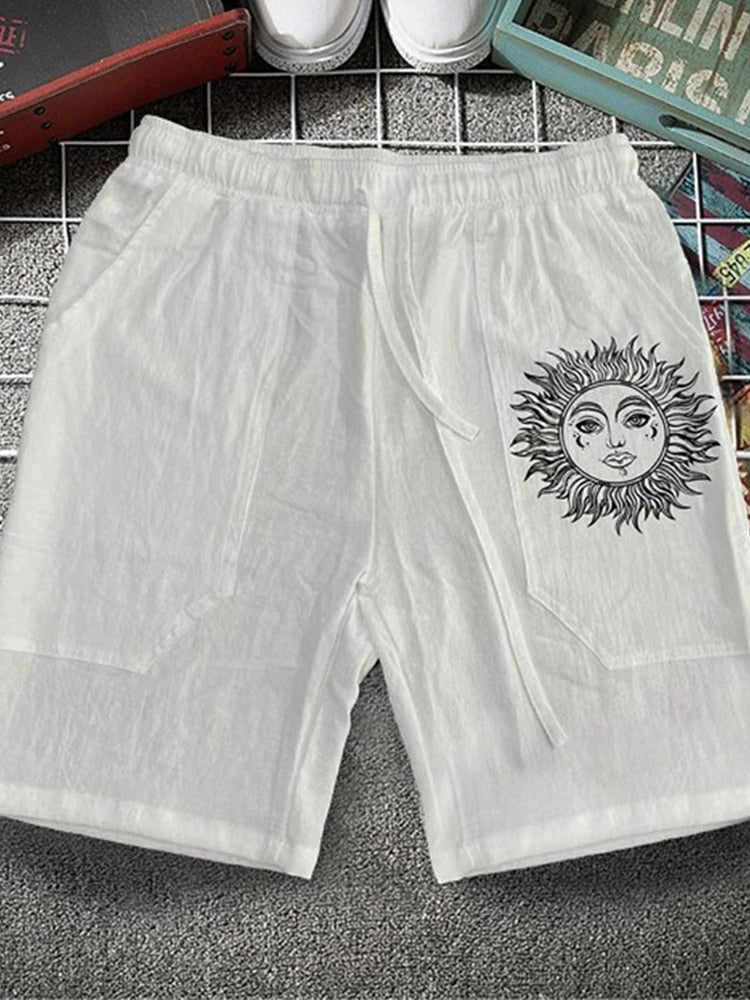 Vintage Pattern Print Cotton Linen Shorts