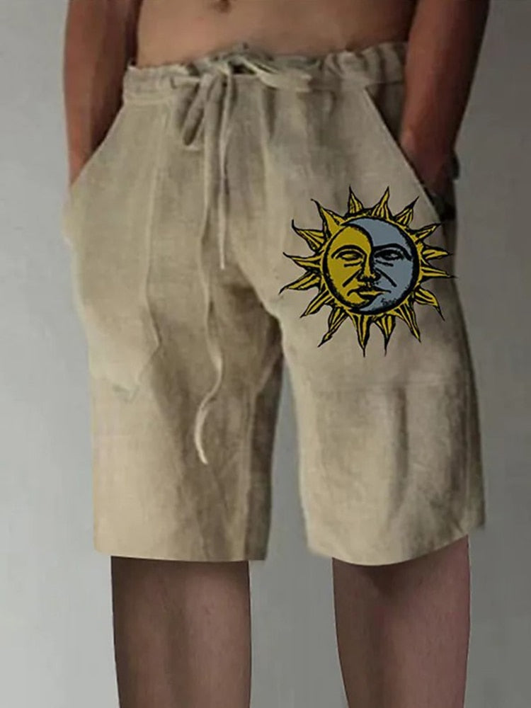 Vintage Pattern Print Cotton Linen Shorts