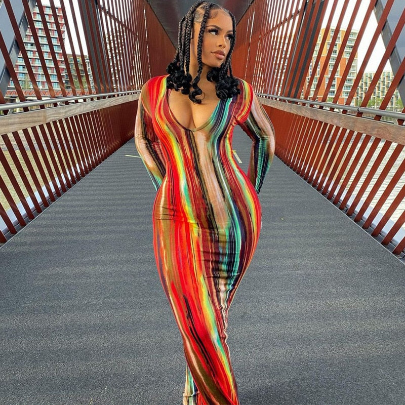 Stripe Sexy V-Neck Bodycon Dress