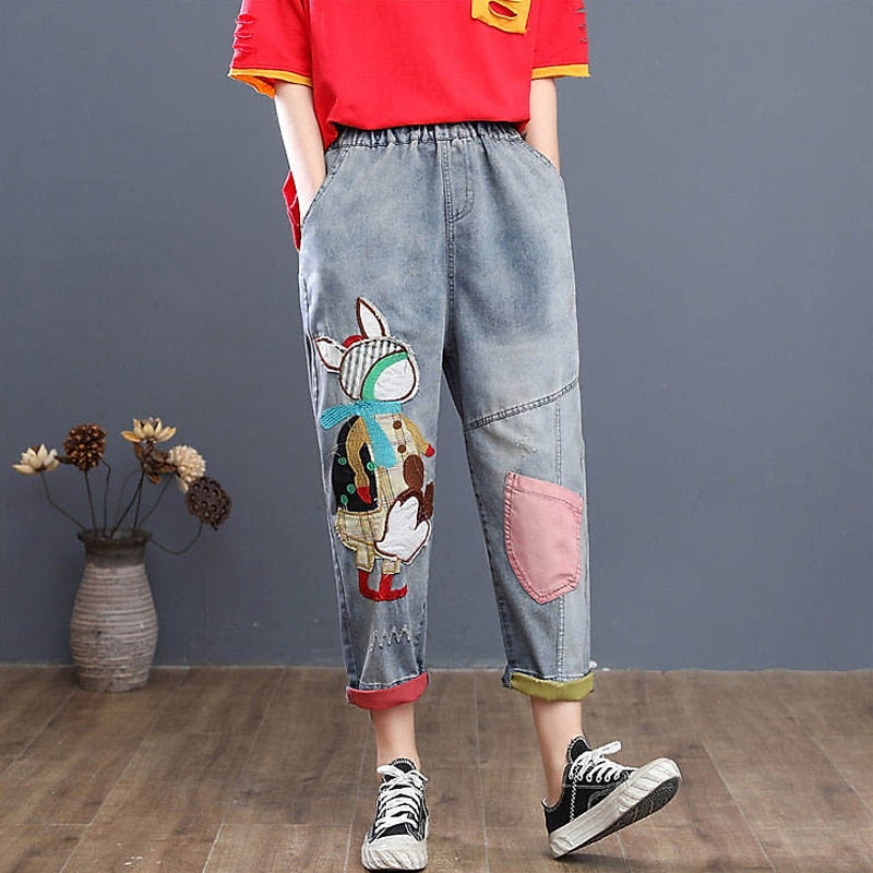 Cartoon Embroidery Loose Harem Pants