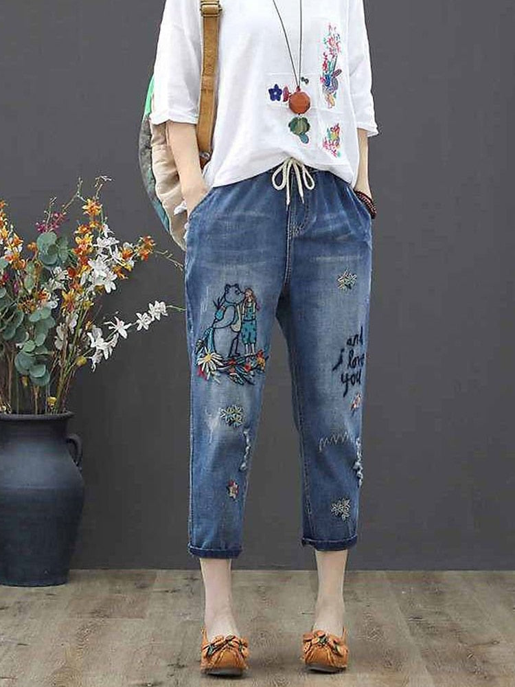 Cartoon Embroidery Loose Harem Pants
