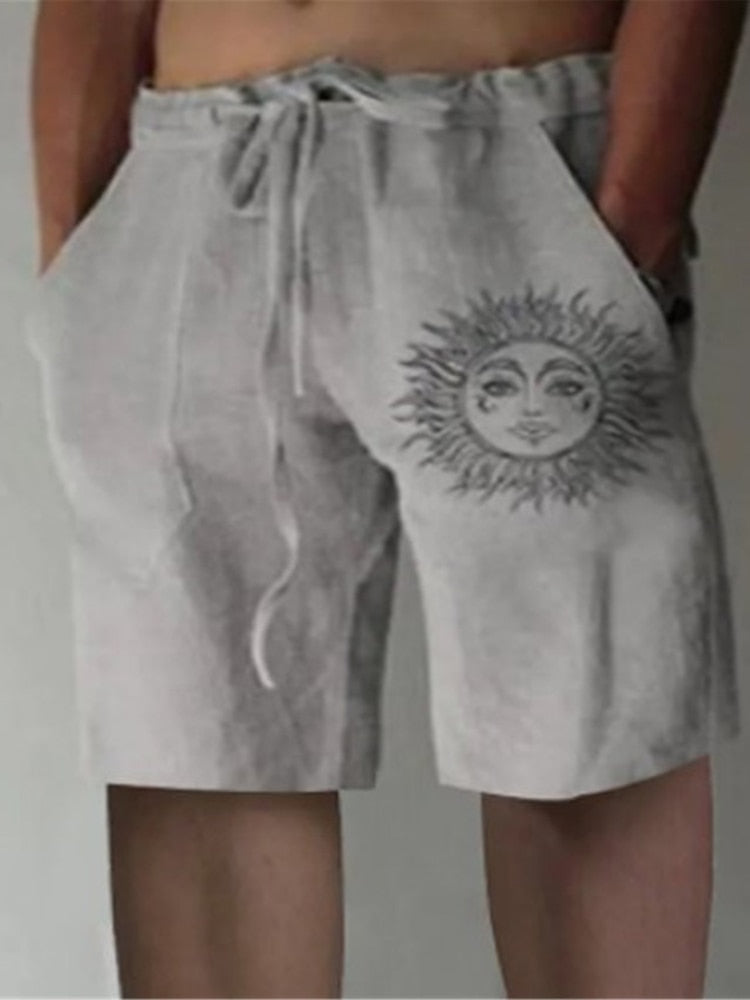 Vintage Pattern Print Cotton Linen Shorts