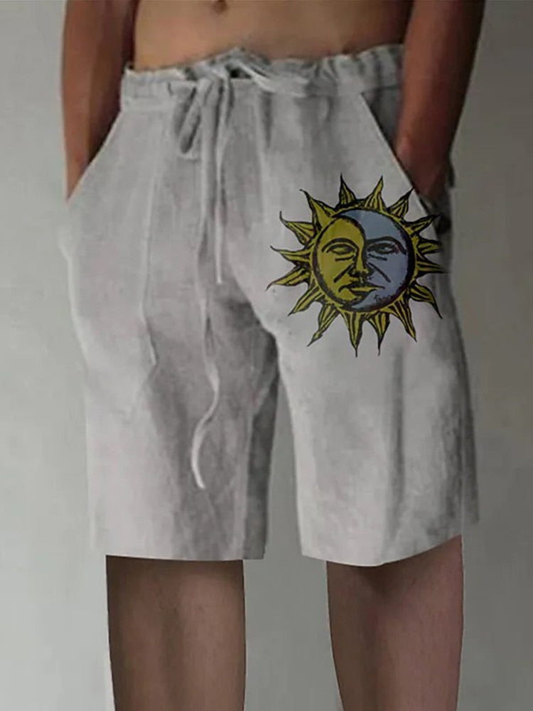 Vintage Pattern Print Cotton Linen Shorts