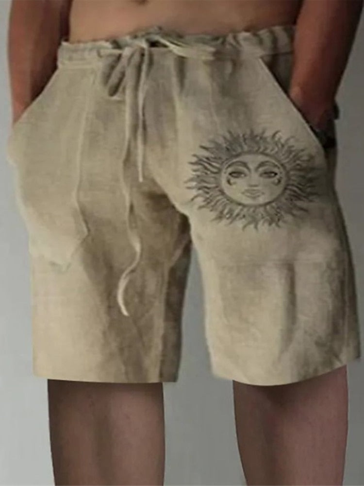 Vintage Pattern Print Cotton Linen Shorts