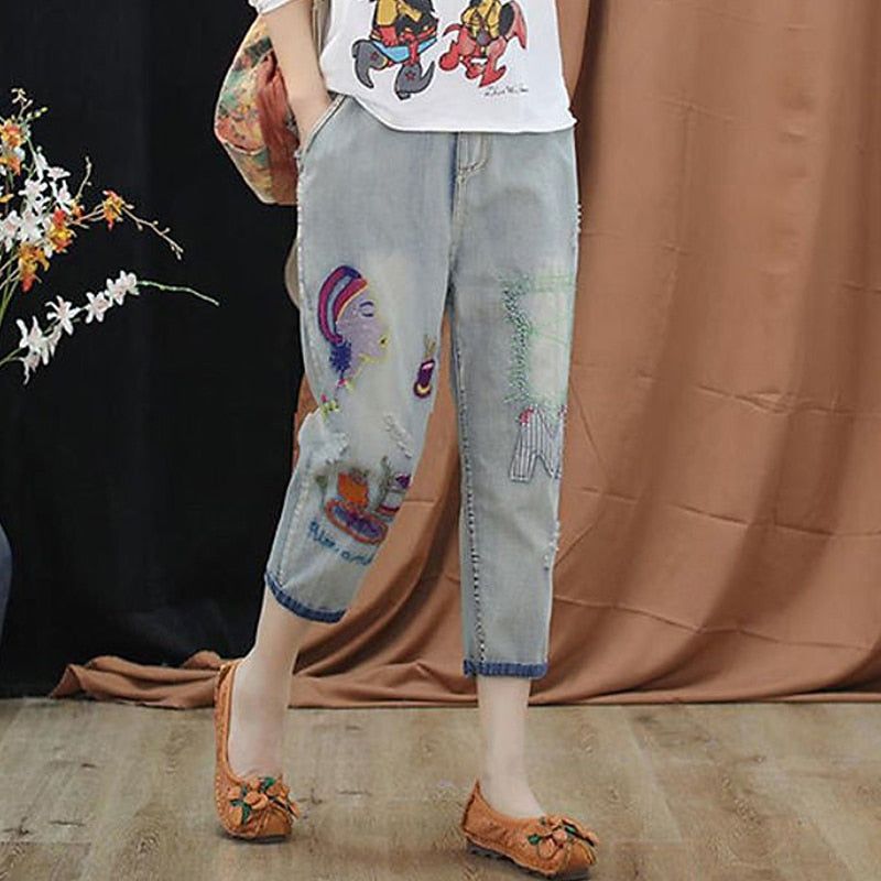 Cartoon Embroidery Loose Harem Pants
