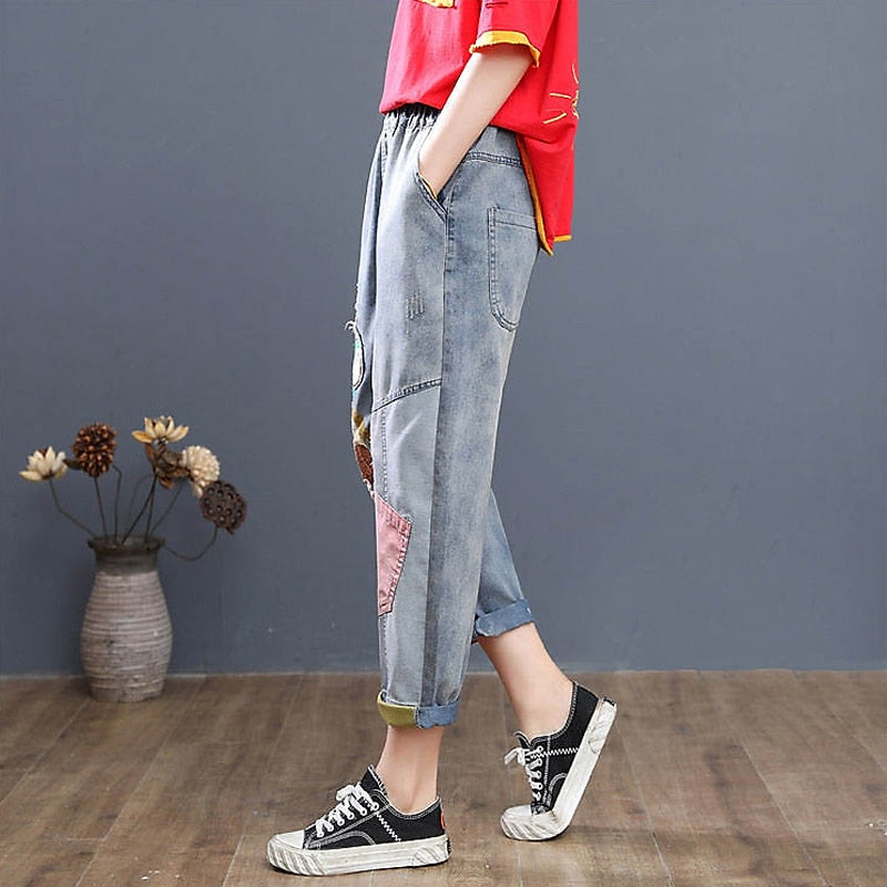 Cartoon Embroidery Loose Harem Pants