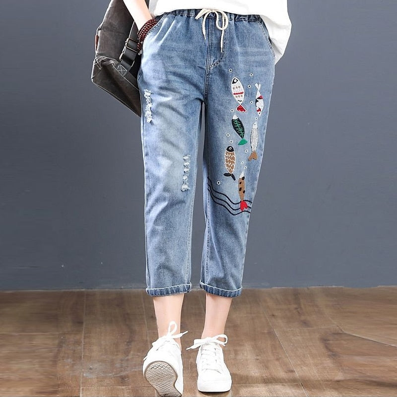 Cartoon Embroidery Loose Harem Pants