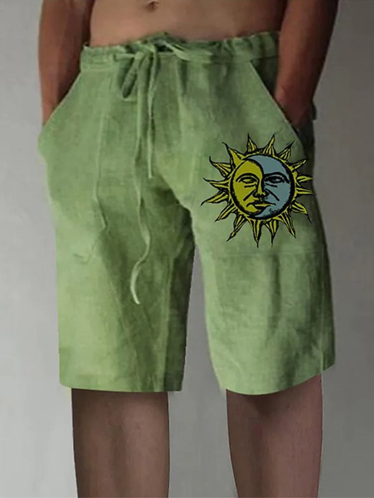 Vintage Pattern Print Cotton Linen Shorts