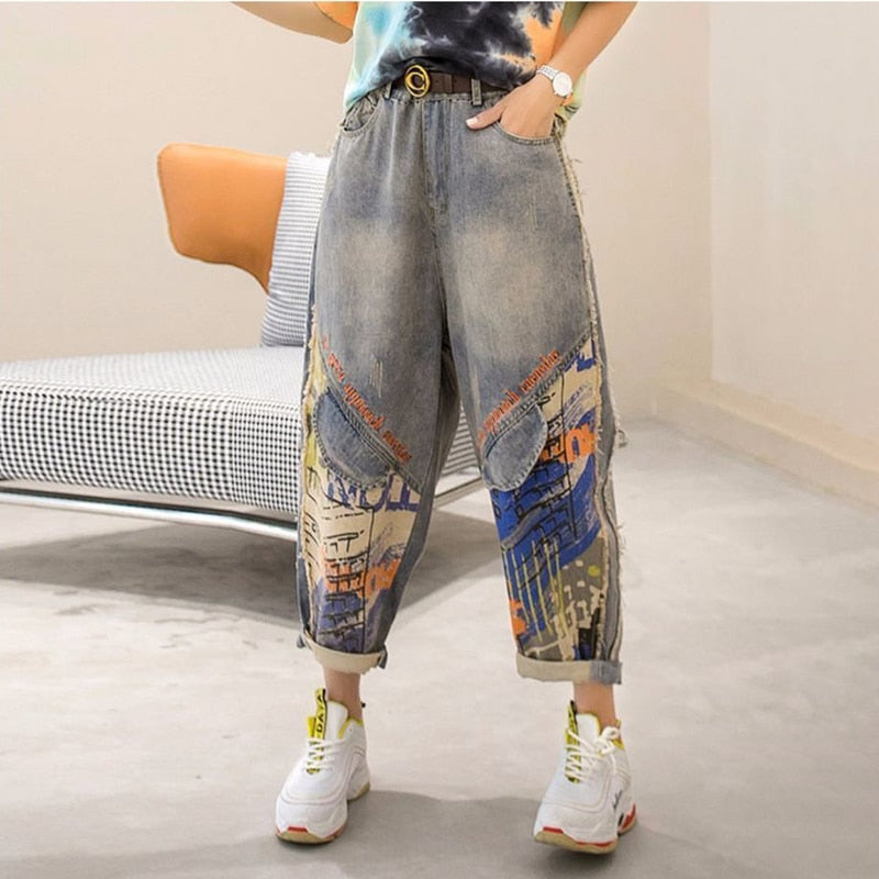 Cartoon Embroidery Loose Harem Pants
