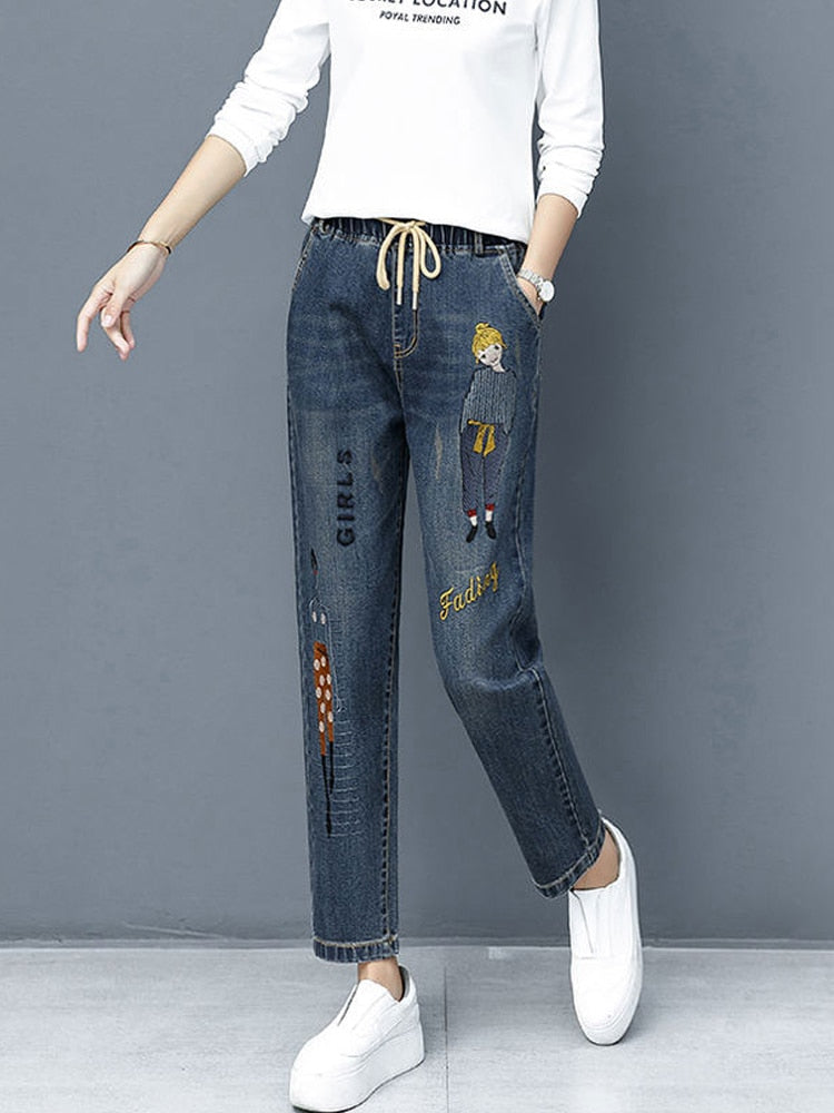Cartoon Embroidery Loose Harem Pants