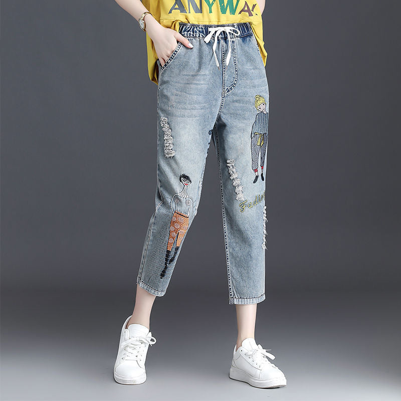 Cartoon Embroidery Loose Harem Pants