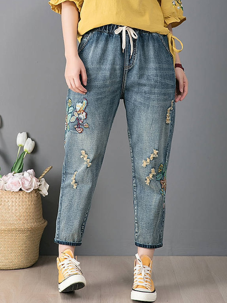 Cartoon Embroidery Loose Harem Pants