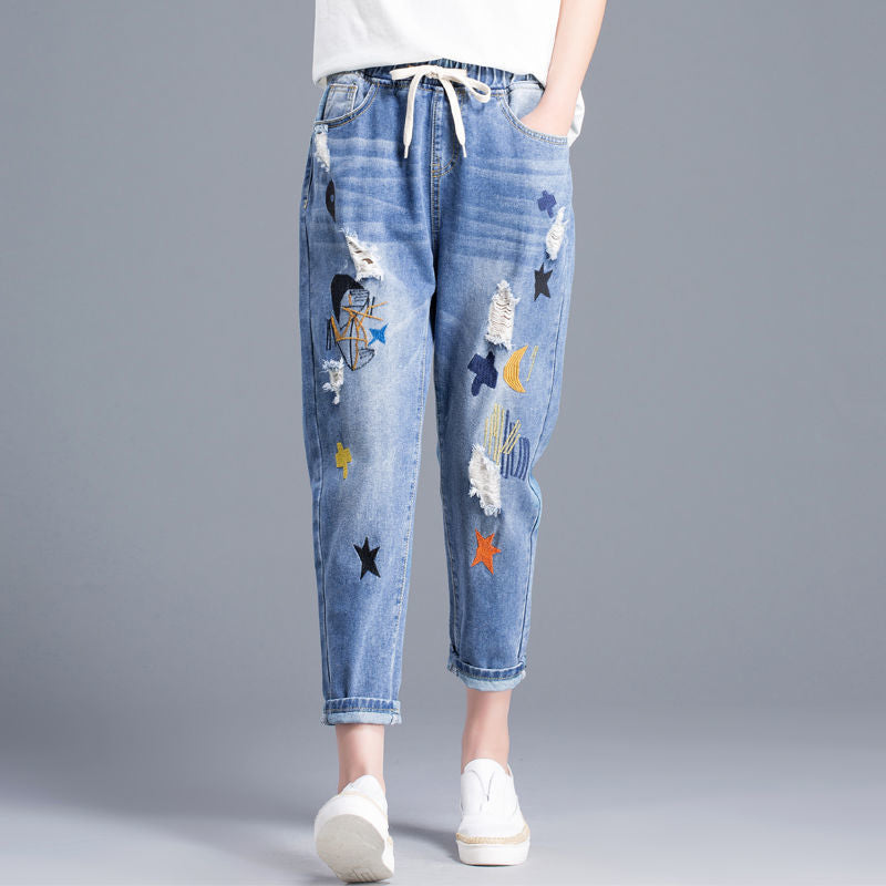 Cartoon Embroidery Loose Harem Pants