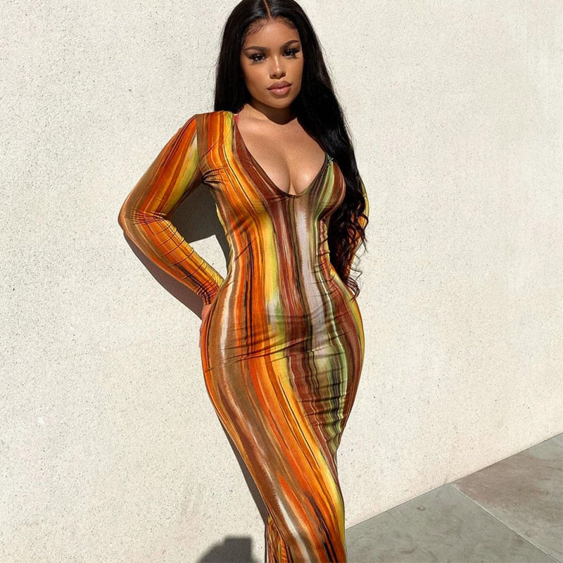 Stripe Sexy V-Neck Bodycon Dress